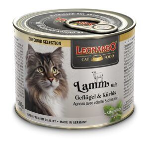 Leonardo Superior Selection Ave y Calabazas Latas para Gatos es una opción gourmet diseñada para satisfacer los paladares más exigentes de tu felino