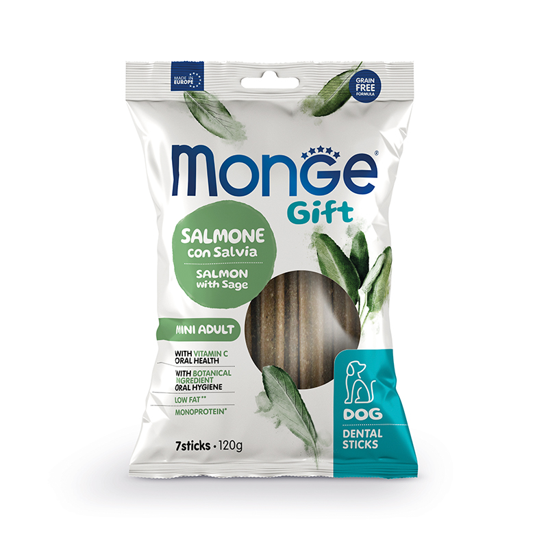 Monge Gift Snack Dental Stick Salmón y Salvia Para Perros Mini 120gr