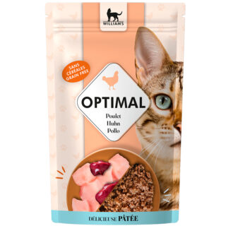 William’s Optimal Sobres de Pollo es un alimento húmedo completo para gatos adultos, elaborado con una receta natural, rica en proteína animal y sin cereales.