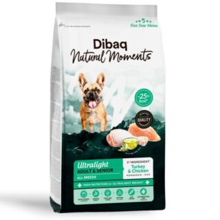 Dibaq Natural Moments Ultralight Pavo y Pollo es un pienso completo especialmente formulado para perros adultos y senior con tendencia al sobrepeso o con menor nivel de actividad.
